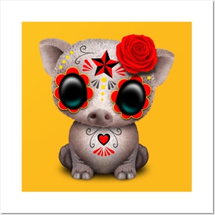 Red Day of the Dead Sugar Skull Baby Pig Posters and Art